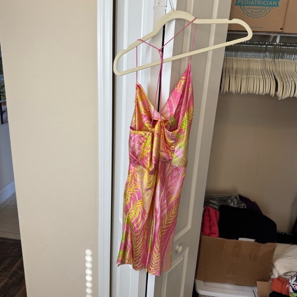 Retrofete Ariella Pink and Green Tropical Silk Mini Dress - Picture 7 of 13